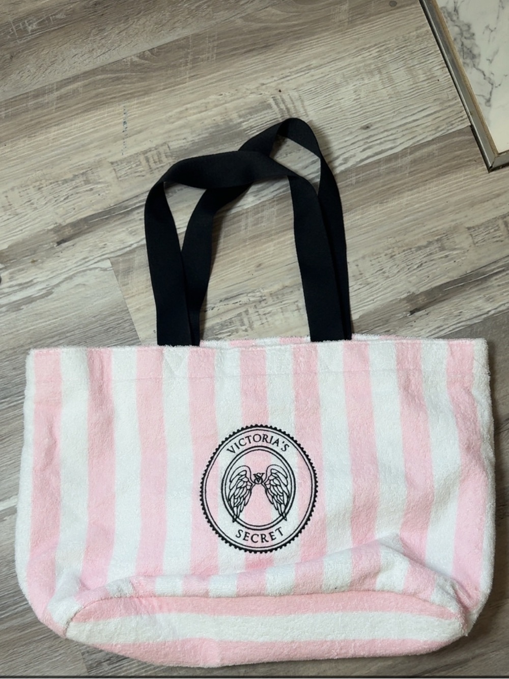 Victoria's Secret Pink & White Striped Tote with Black Handles
